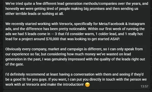 Client recommending Versorix to another business owner